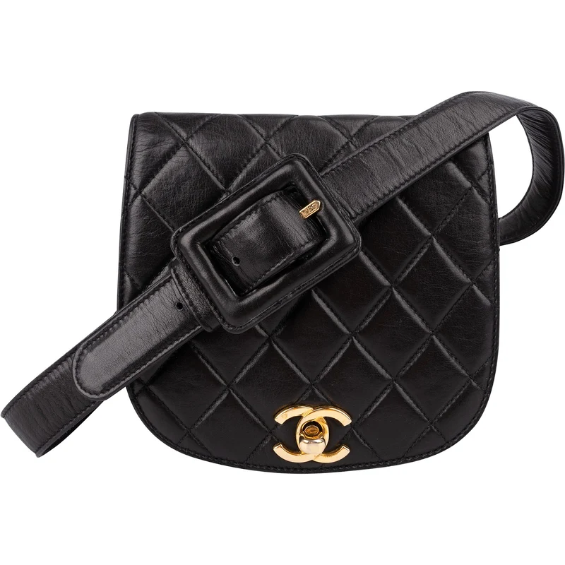 Chanel Black Quilted Lambskin 24K Gold Single Flap Vintage Shoulder Belt Bag