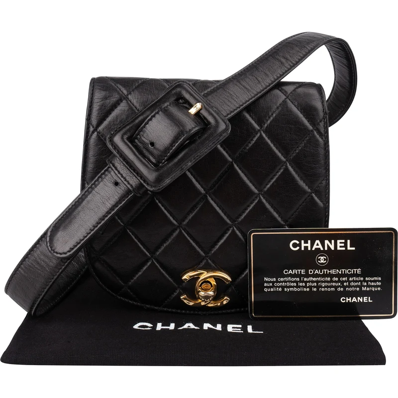 Chanel Black Quilted Lambskin 24K Gold Single Flap Vintage Shoulder Belt Bag