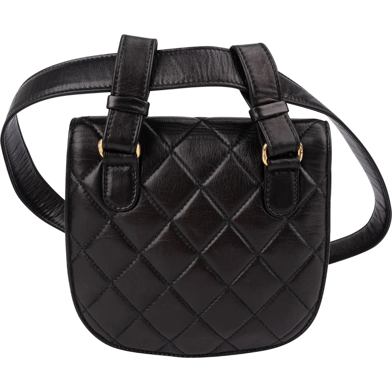 Chanel Black Quilted Lambskin 24K Gold Single Flap Vintage Shoulder Belt Bag