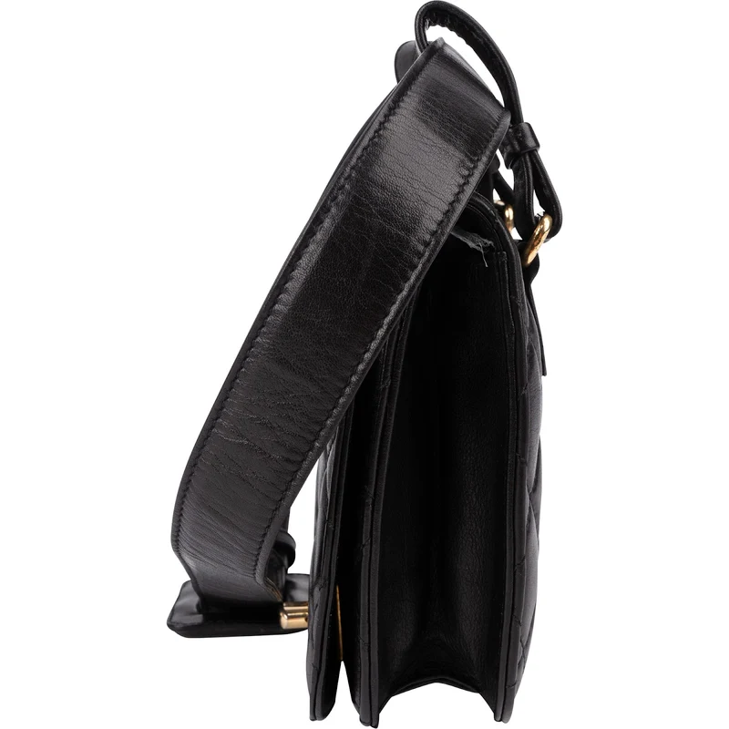 Chanel Black Quilted Lambskin 24K Gold Single Flap Vintage Shoulder Belt Bag