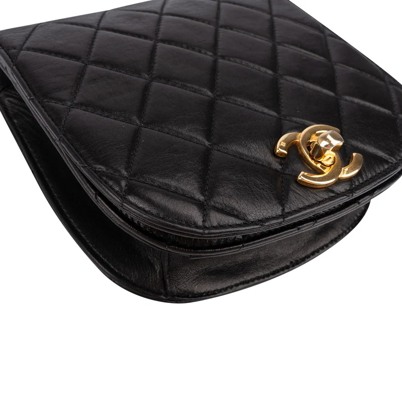 Chanel Black Quilted Lambskin 24K Gold Single Flap Vintage Shoulder Belt Bag