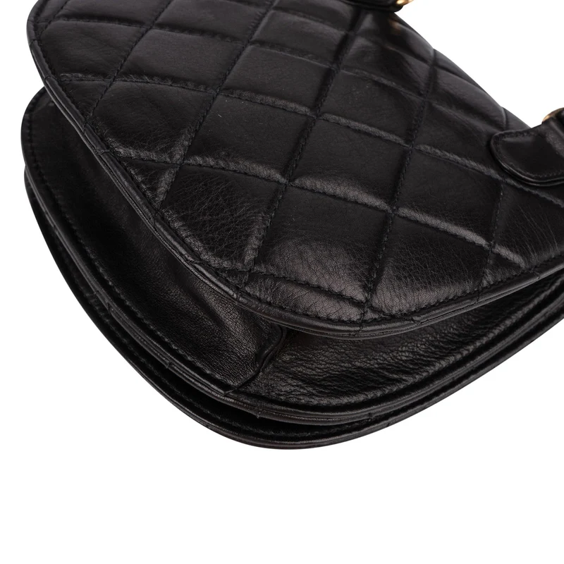 Chanel Black Quilted Lambskin 24K Gold Single Flap Vintage Shoulder Belt Bag