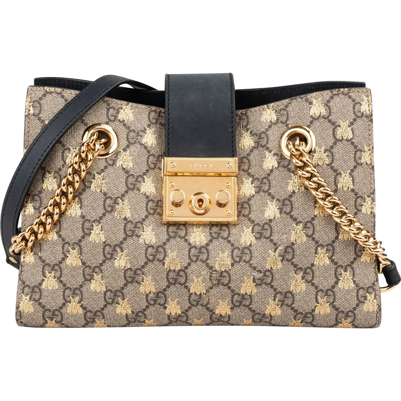 Gucci Monogram GG Supreme Canvas Padlock Bees Print Shoulder Bag