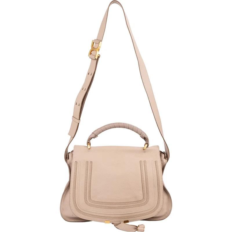 Chloé Beige Grained Calfskin Marcie Top Handle Shoulder Bag