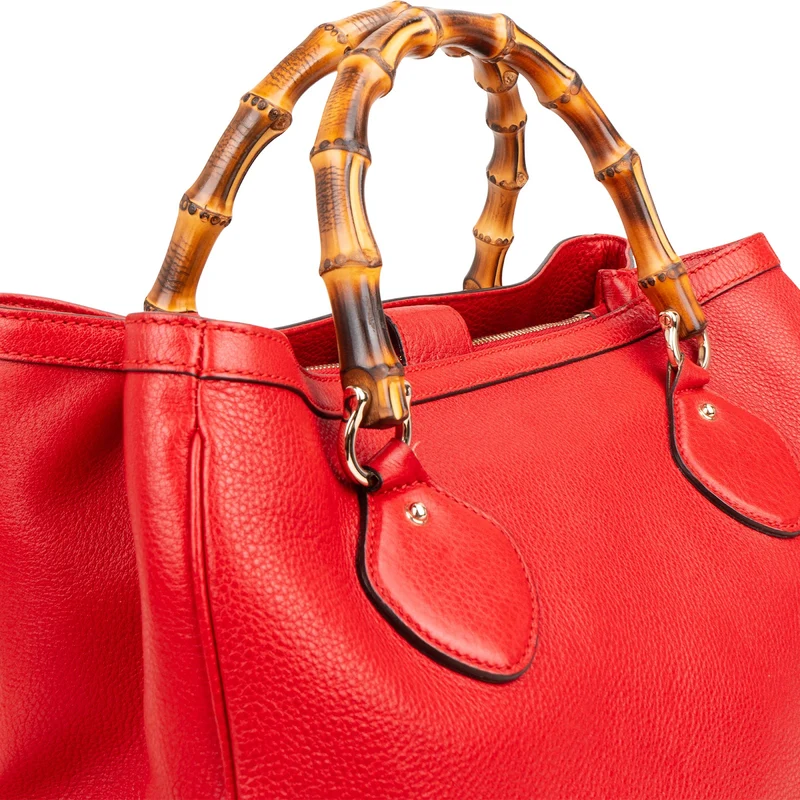 Gucci Red Leather Bamboo Top Handle Large Tote Handbag