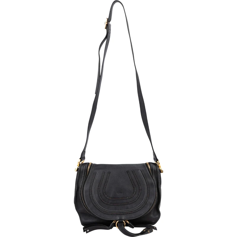 Chloé Black Leather Marcie Saddle Zip Crossbody Bag