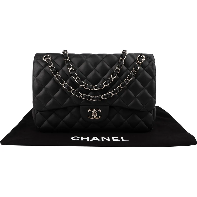 Chanel Quilted Lambskin Palladium Jumbo Double Flap Crossbody Bag