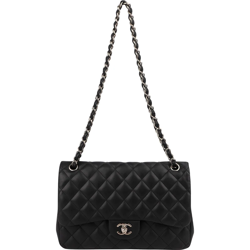 Chanel Quilted Lambskin Palladium Jumbo Double Flap Crossbody Bag