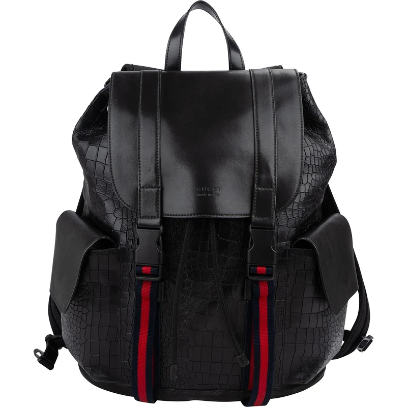 Gucci Crocodile-Embossed Leather Web Stripe Backpack