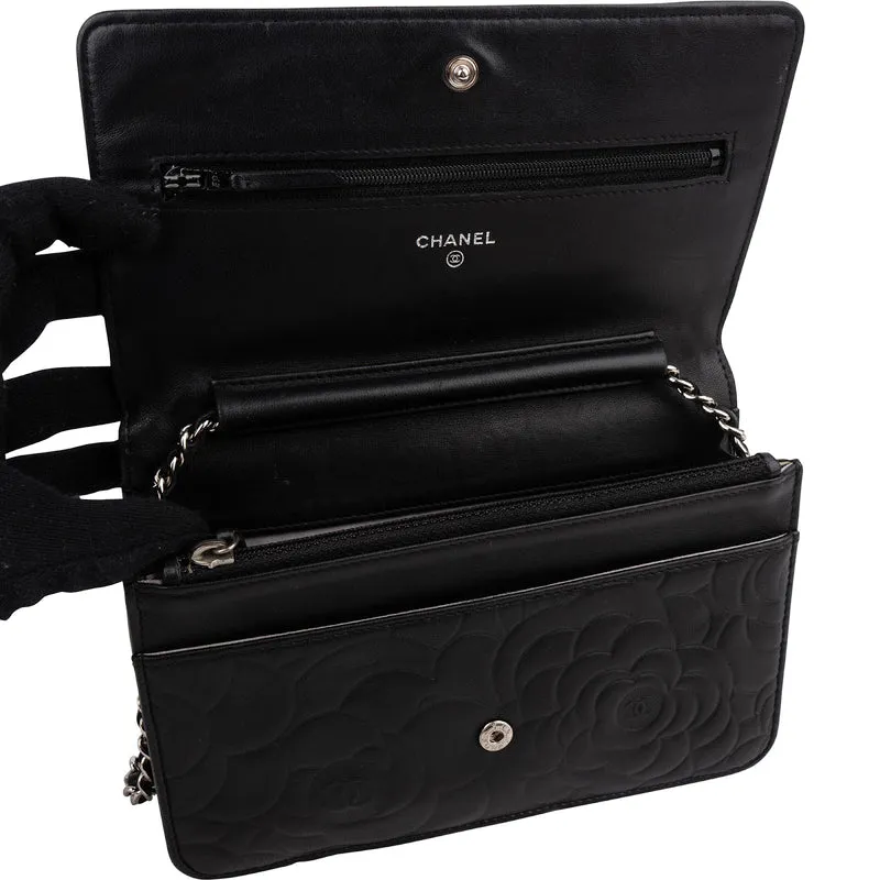 Chanel Camellia Embossed Lambskin Wallet On Chain Crossbody Bag