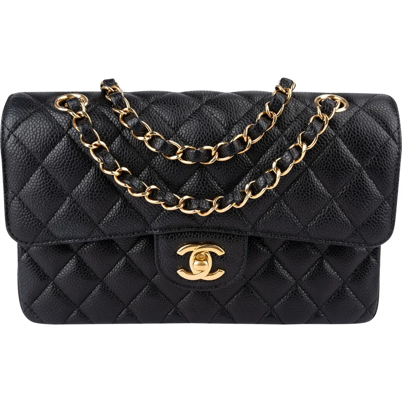Chanel Quilted Caviar Leather Gold Small Double Flap Shoulder Bag
