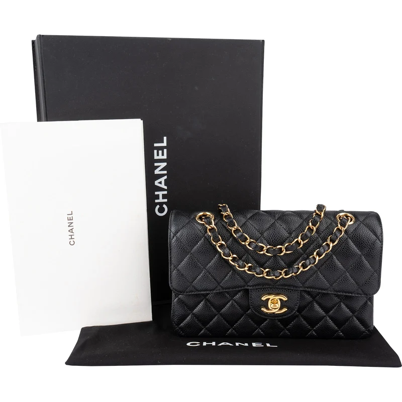 Chanel Quilted Caviar Leather Gold Small Double Flap Shoulder Bag