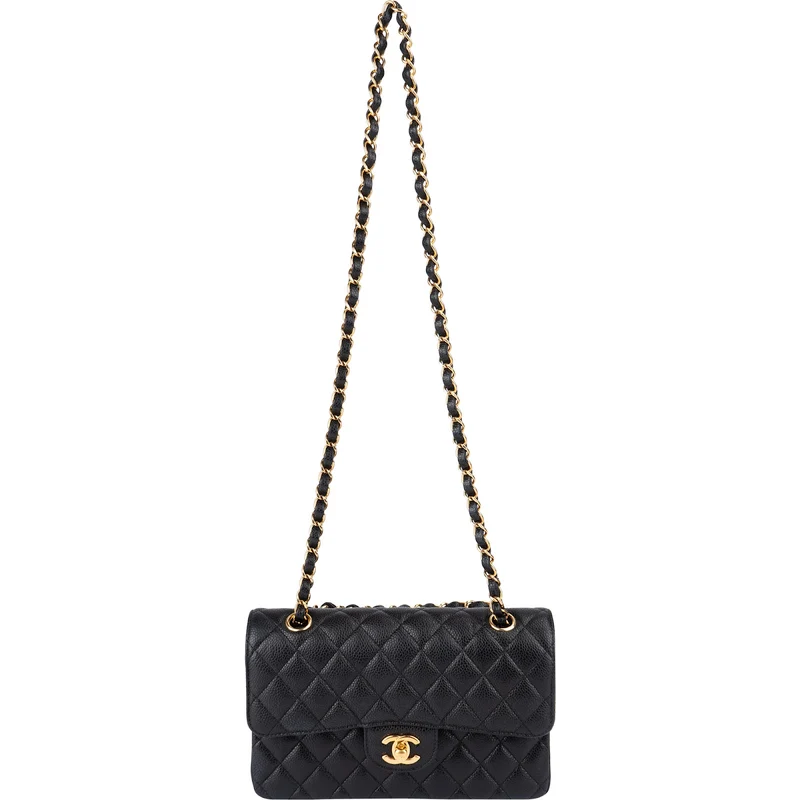 Chanel Quilted Caviar Leather Gold Small Double Flap Shoulder Bag