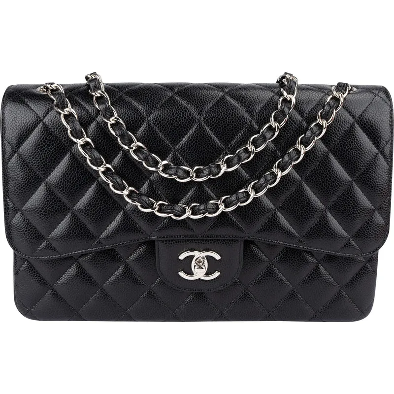 Chanel Quilted Caviar Leather Palladium Jumbo Double Flap Crossbody Bag
