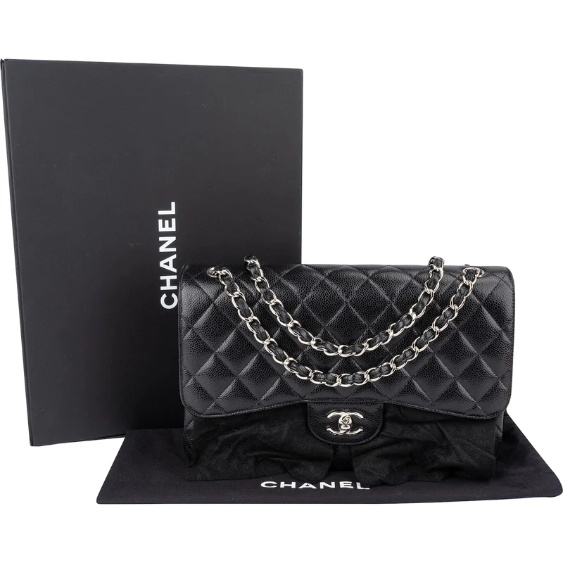 Chanel Quilted Caviar Leather Palladium Jumbo Double Flap Crossbody Bag