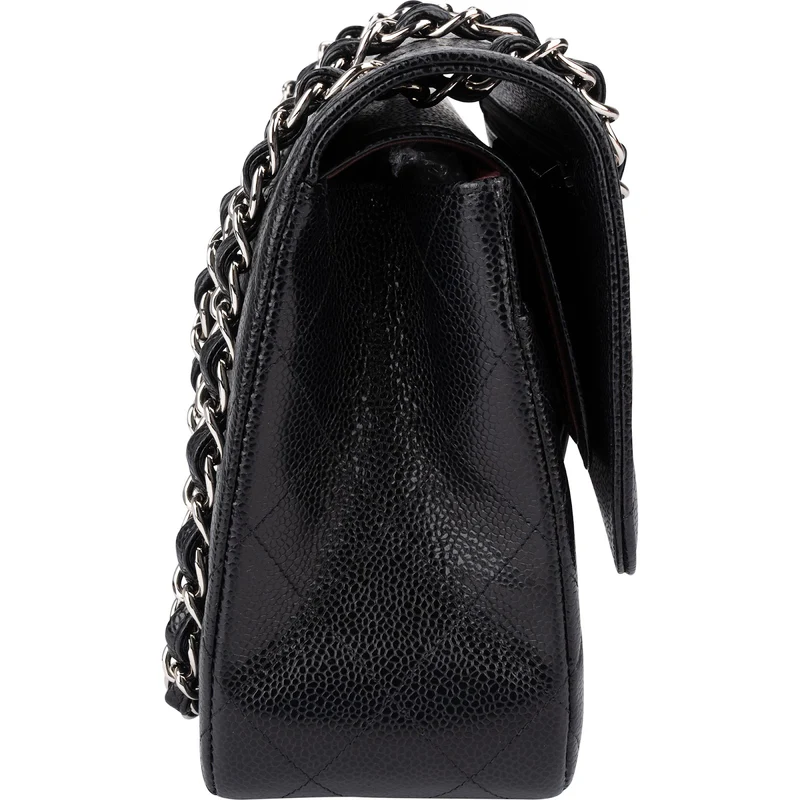 Chanel Quilted Caviar Leather Palladium Jumbo Double Flap Crossbody Bag