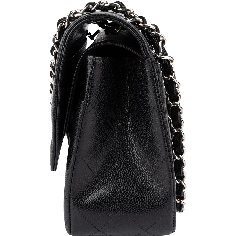 Chanel Quilted Caviar Leather Palladium Jumbo Double Flap Crossbody Bag