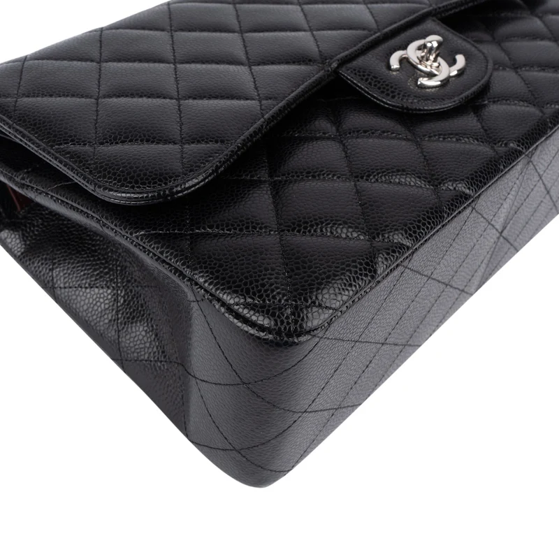 Chanel Quilted Caviar Leather Palladium Jumbo Double Flap Crossbody Bag