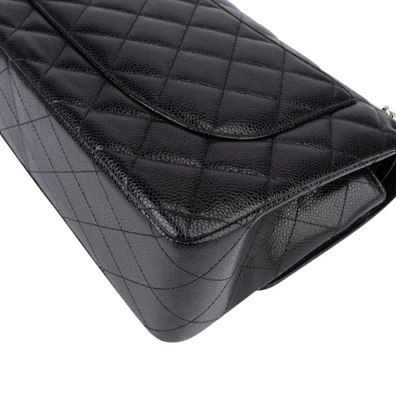 Chanel Quilted Caviar Leather Palladium Jumbo Double Flap Crossbody Bag