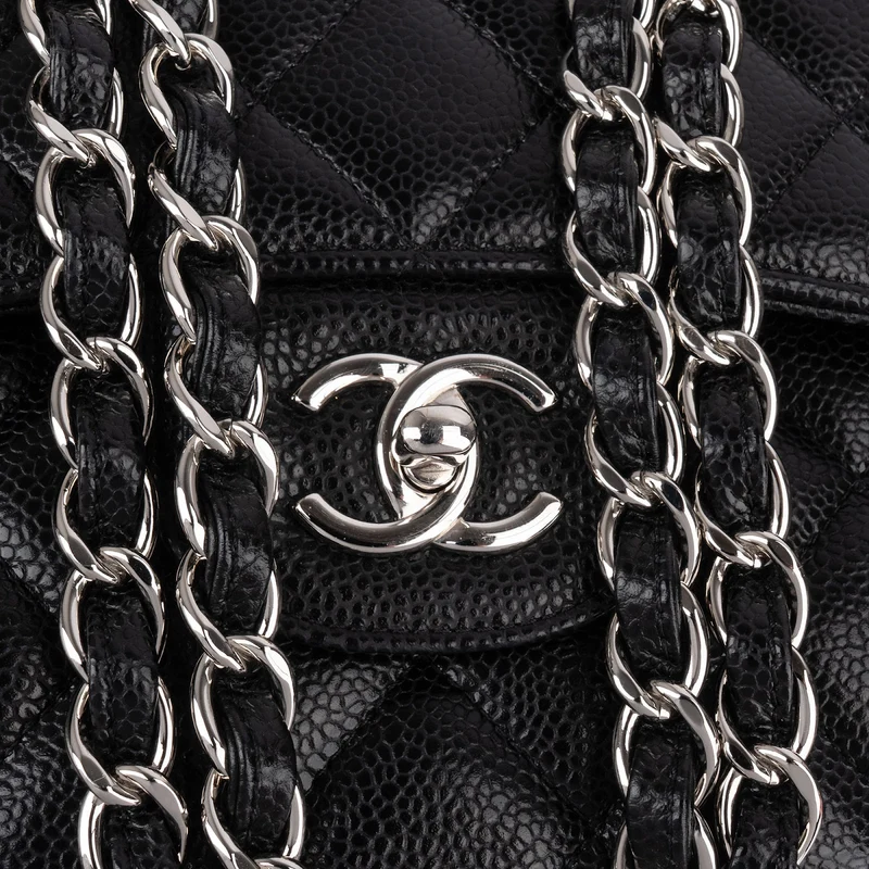 Chanel Quilted Caviar Leather Palladium Jumbo Double Flap Crossbody Bag