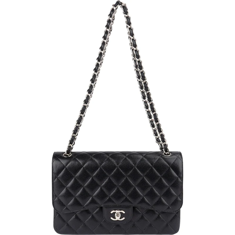 Chanel Quilted Caviar Leather Palladium Jumbo Double Flap Crossbody Bag