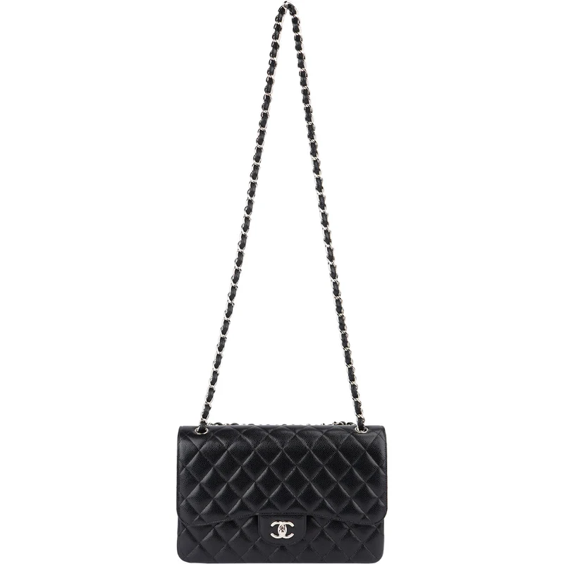 Chanel Quilted Caviar Leather Palladium Jumbo Double Flap Crossbody Bag