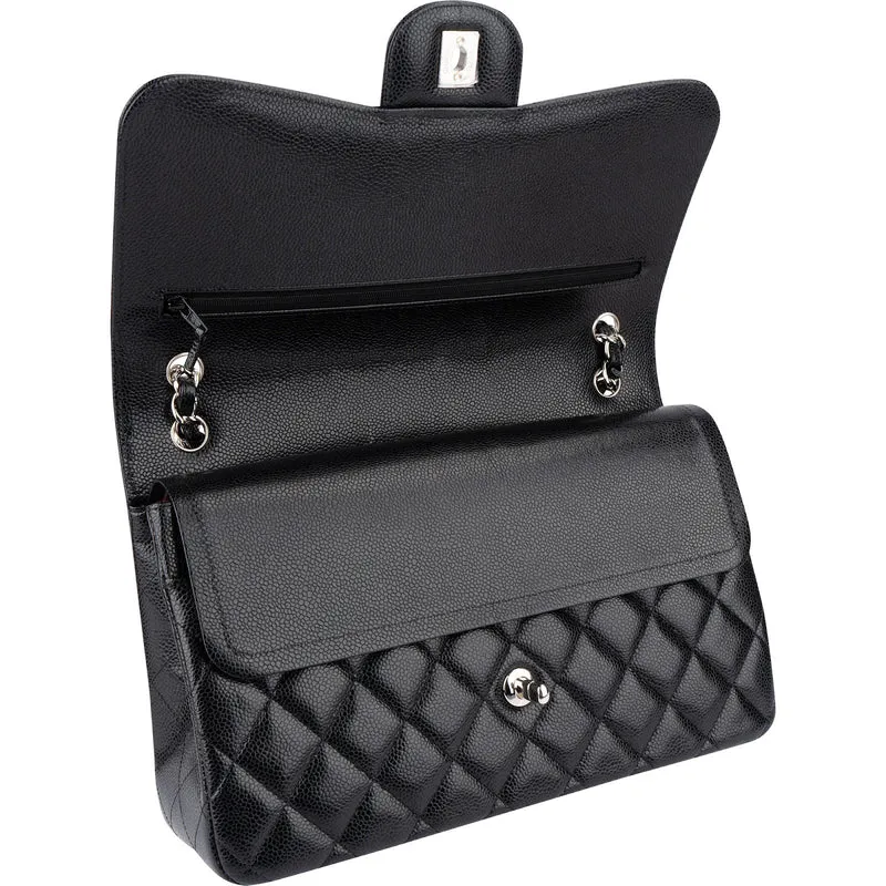 Chanel Quilted Caviar Leather Palladium Jumbo Double Flap Crossbody Bag