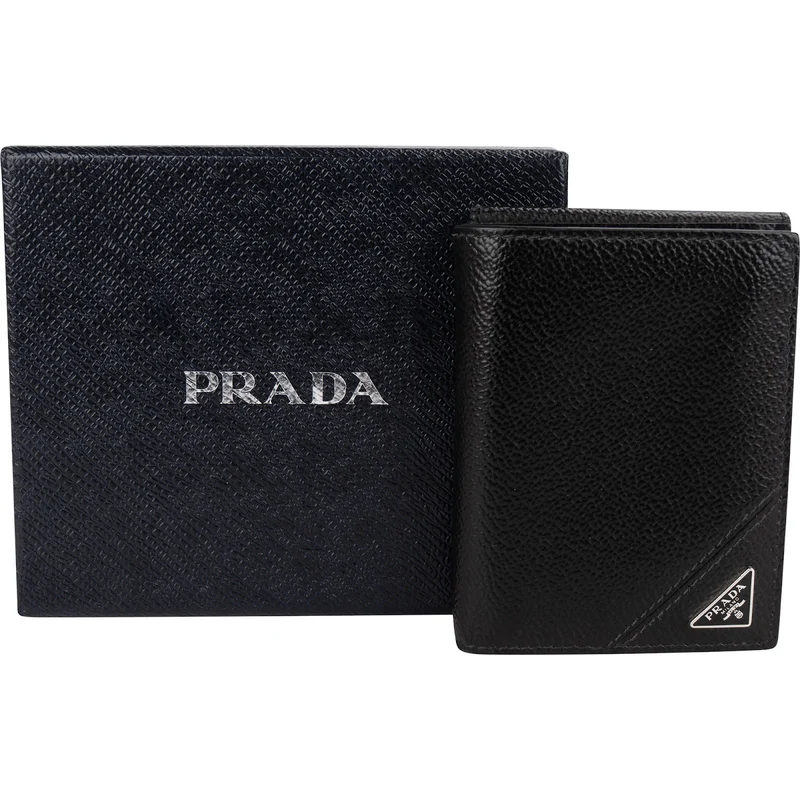 Prada Saffiano Corner Leather Small Vertical Bifold Wallet