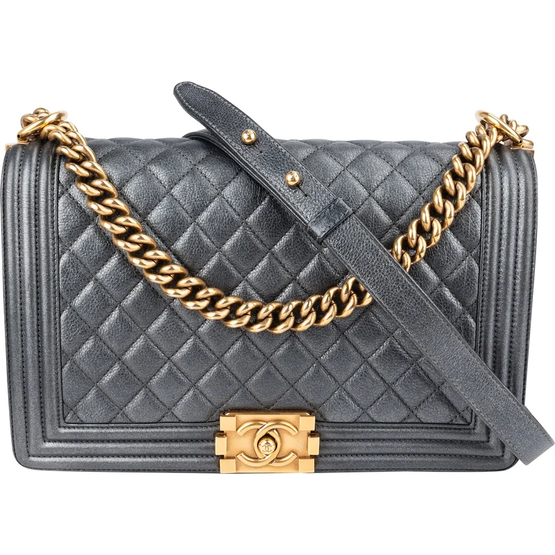 Chanel Quilted Metallic Lambskin Large Boy New Medium Crossbody Bag