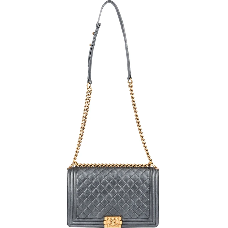 Chanel Quilted Metallic Lambskin Large Boy New Medium Crossbody Bag