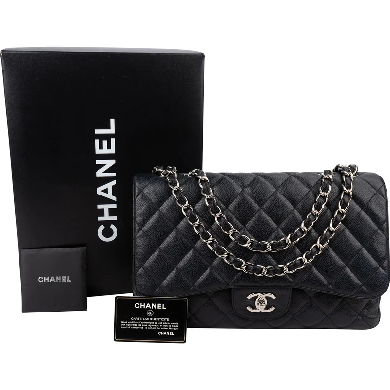 Chanel Quilted Caviar Leather Palladium Jumbo Single Flap Crossbody Bag