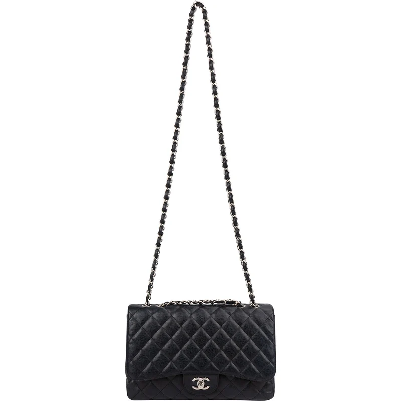 Chanel Quilted Caviar Leather Palladium Jumbo Single Flap Crossbody Bag