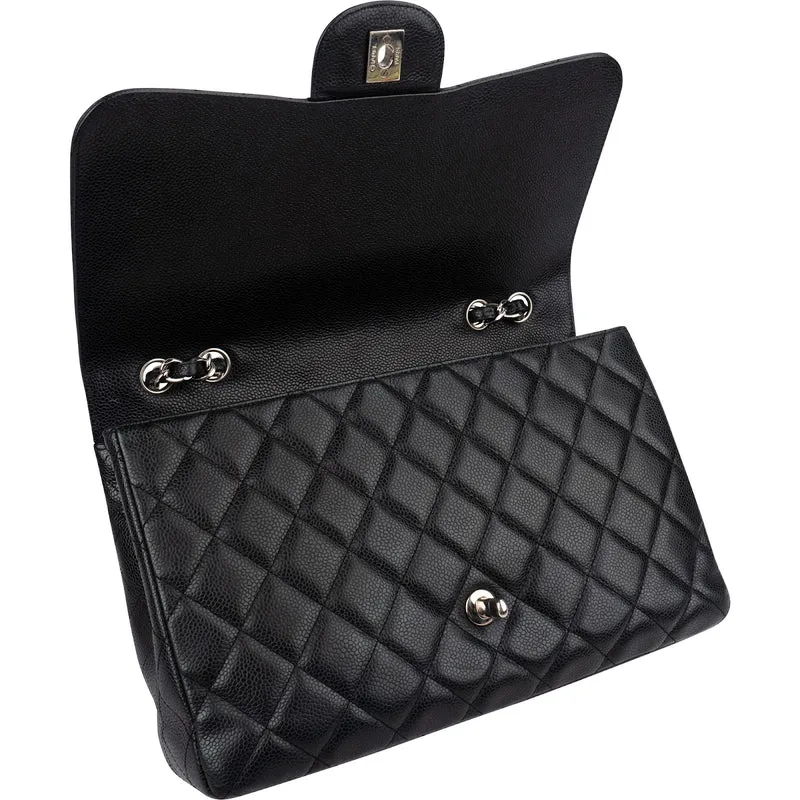 Chanel Quilted Caviar Leather Palladium Jumbo Single Flap Crossbody Bag