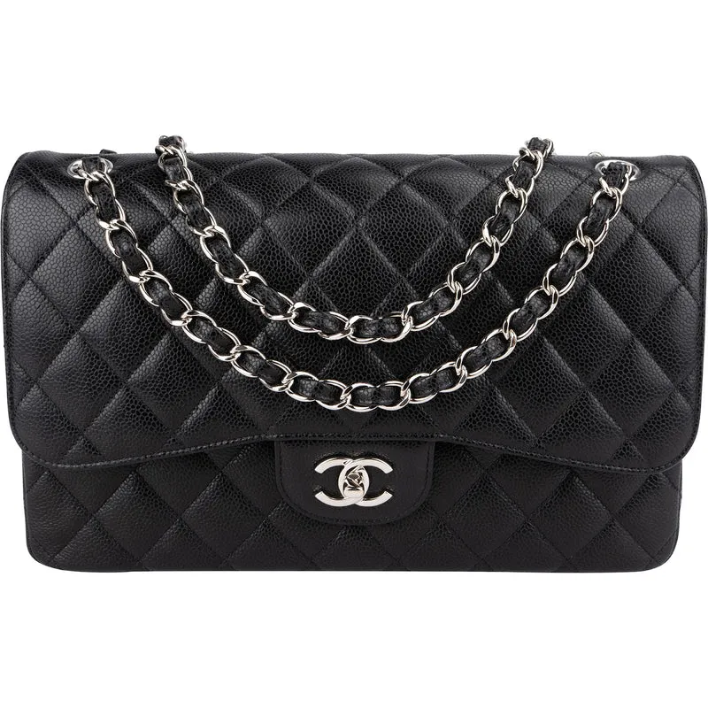 Chanel Quilted Caviar Leather Palladium Double Flap Jumbo Crossbody Bag