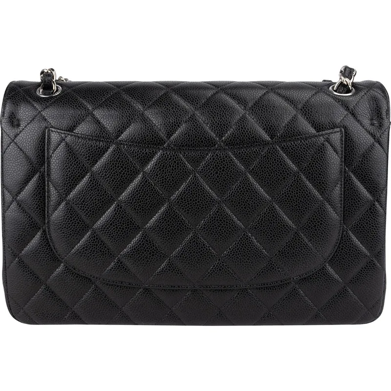 Chanel Quilted Caviar Leather Palladium Double Flap Jumbo Crossbody Bag