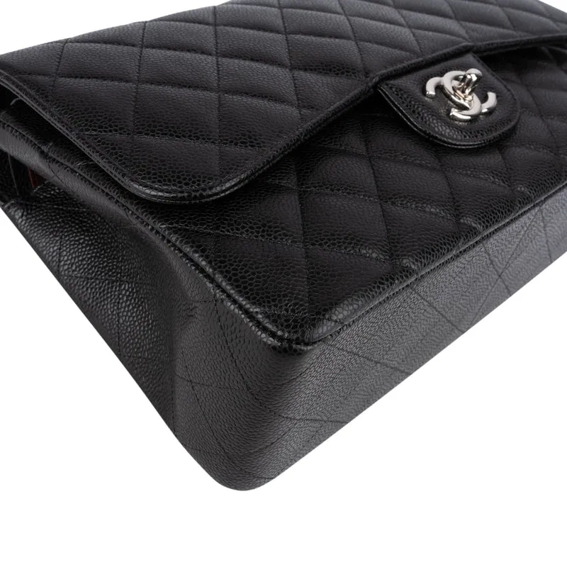 Chanel Quilted Caviar Leather Palladium Double Flap Jumbo Crossbody Bag