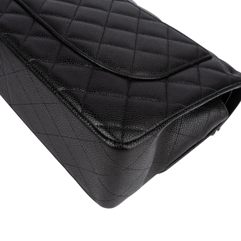 Chanel Quilted Caviar Leather Palladium Double Flap Jumbo Crossbody Bag
