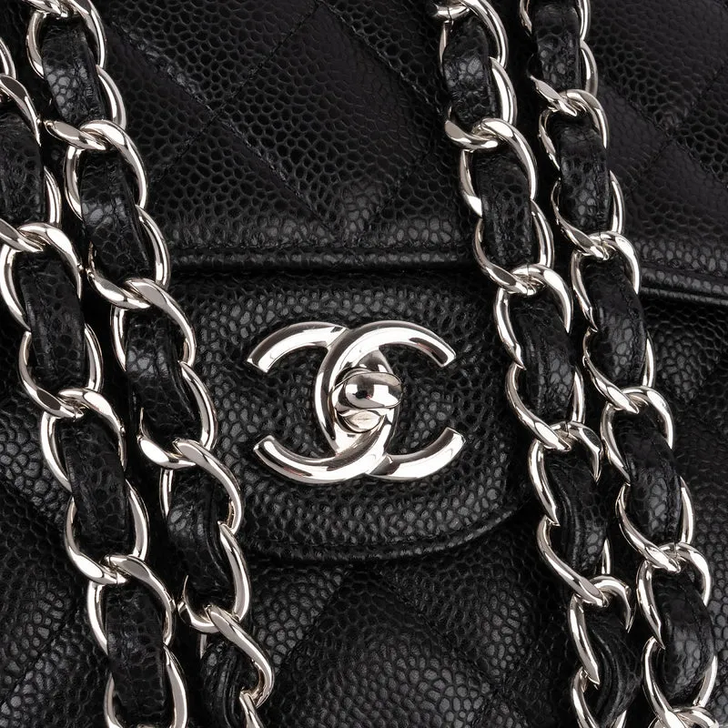 Chanel Quilted Caviar Leather Palladium Double Flap Jumbo Crossbody Bag