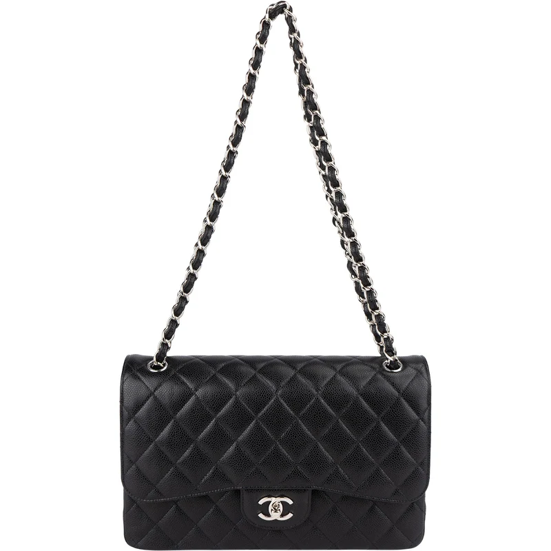 Chanel Quilted Caviar Leather Palladium Double Flap Jumbo Crossbody Bag