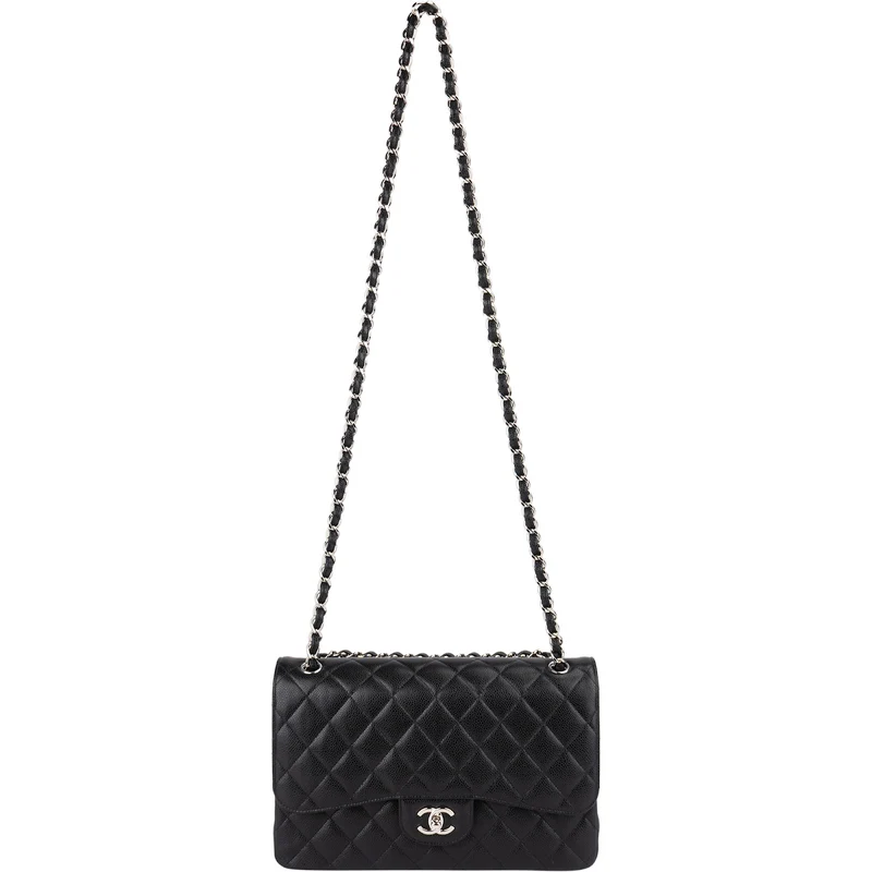 Chanel Quilted Caviar Leather Palladium Double Flap Jumbo Crossbody Bag