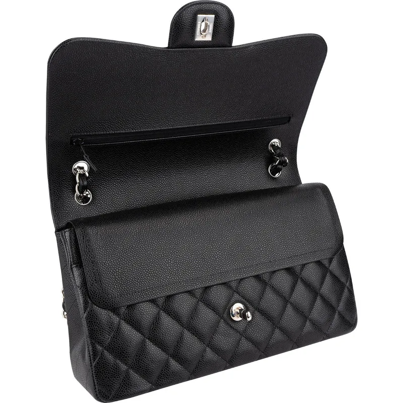 Chanel Quilted Caviar Leather Palladium Double Flap Jumbo Crossbody Bag