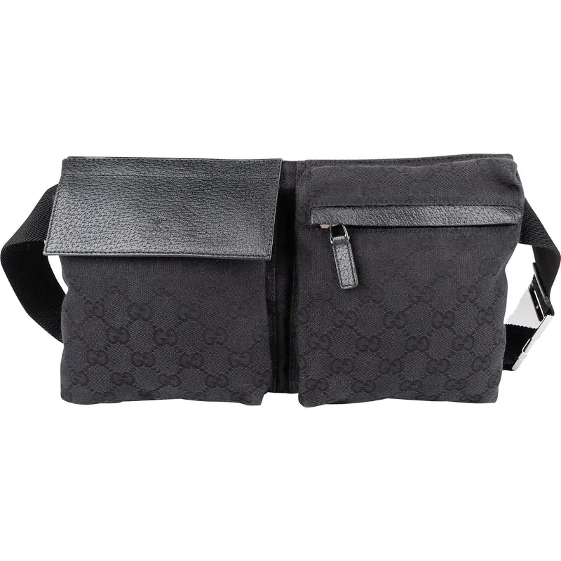 Gucci Black Leather Monogram GG Canvas Belt Crossbody Bag