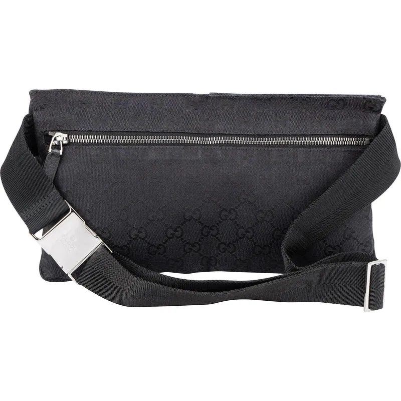 Gucci Black Leather Monogram GG Canvas Belt Crossbody Bag
