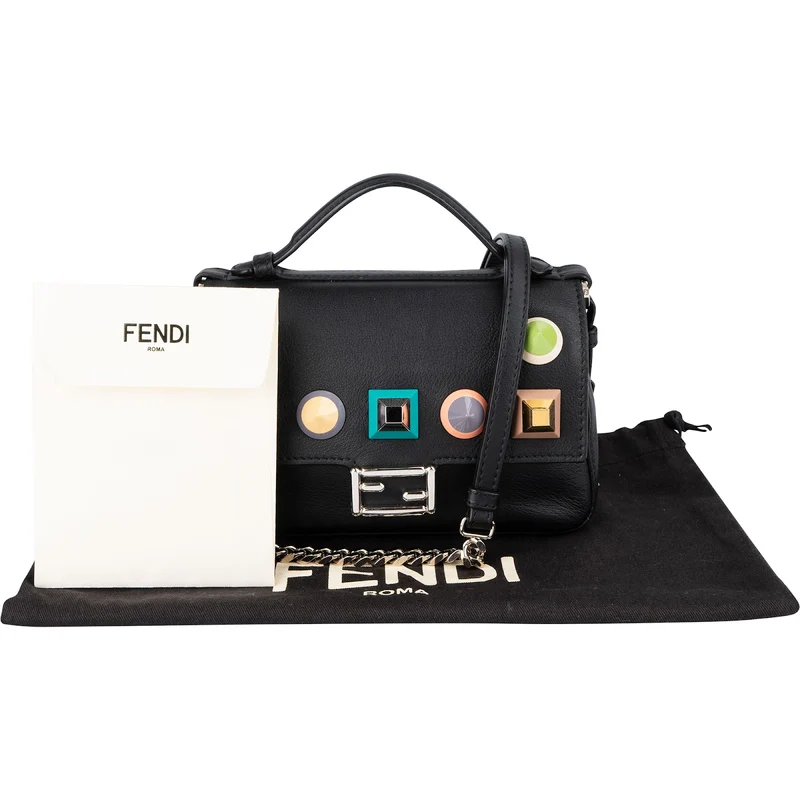 Fendi Leather Mini Baguette Double Flap Plexi Studs Crossbody Bag