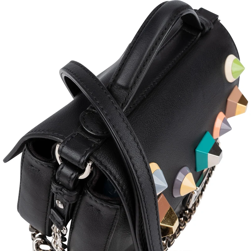 Fendi Leather Mini Baguette Double Flap Plexi Studs Crossbody Bag