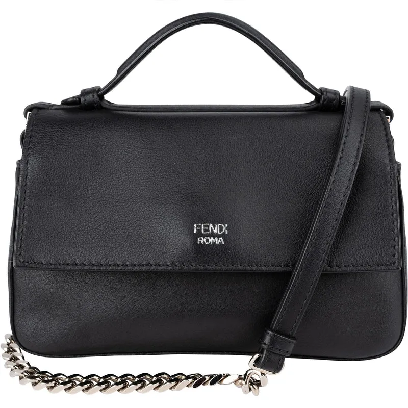 Fendi Leather Mini Baguette Double Flap Plexi Studs Crossbody Bag