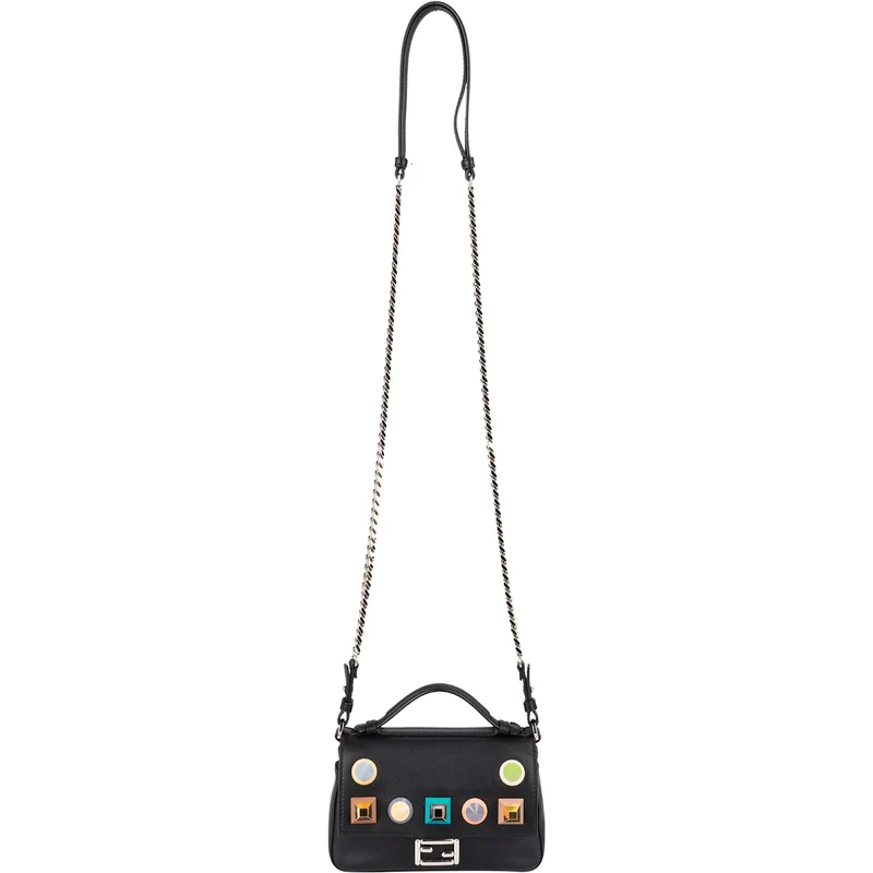 Fendi Leather Mini Baguette Double Flap Plexi Studs Crossbody Bag