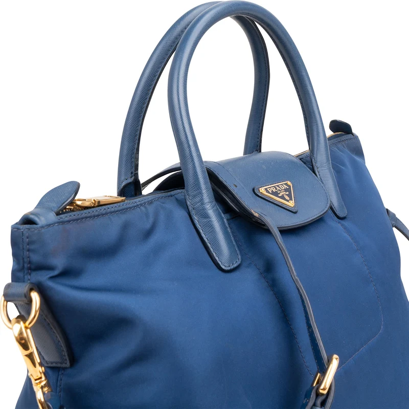 Prada Blue Tessuto Saffiano Triangle Tote Crossbody Handbag