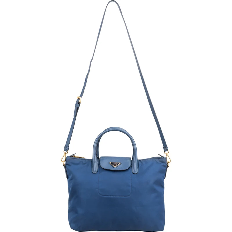 Prada Blue Tessuto Saffiano Triangle Tote Crossbody Handbag