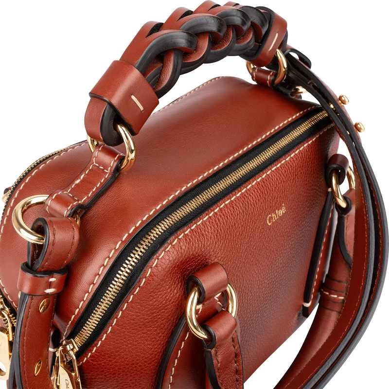Chloé Brown Pebbled Calfskin Woven Handle Daria Small Crossbody Handbag